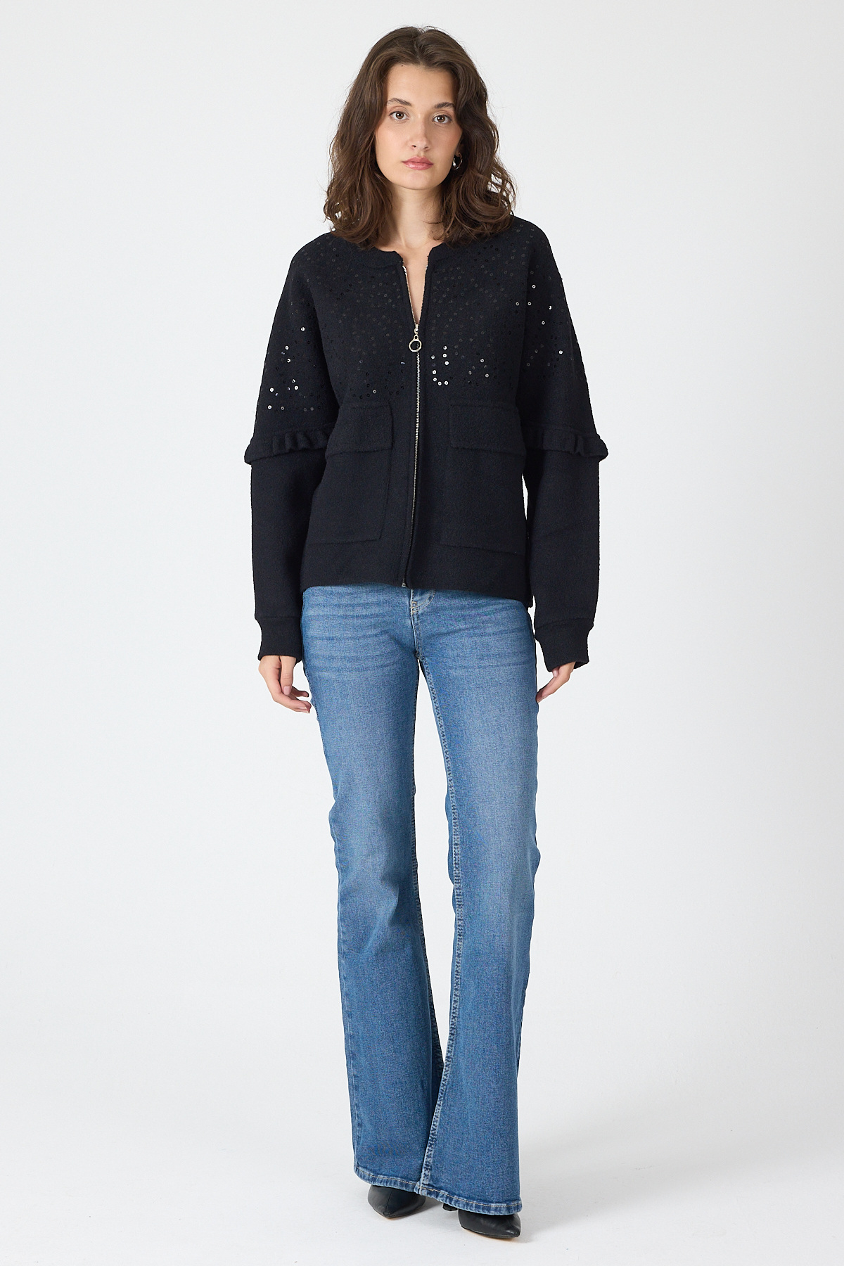 Siyah Pul İşlemeli Cepli Fermuarlı Kadın Hırka 6890 - RAYS