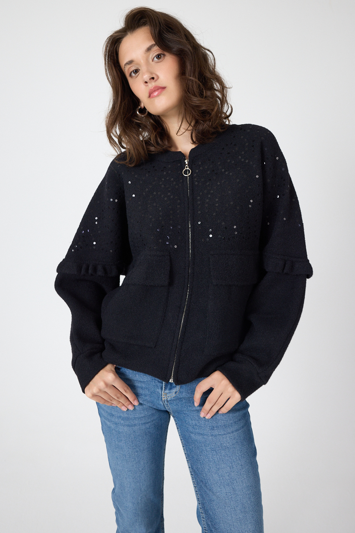 Siyah Pul İşlemeli Cepli Fermuarlı Kadın Hırka 6890 - 1