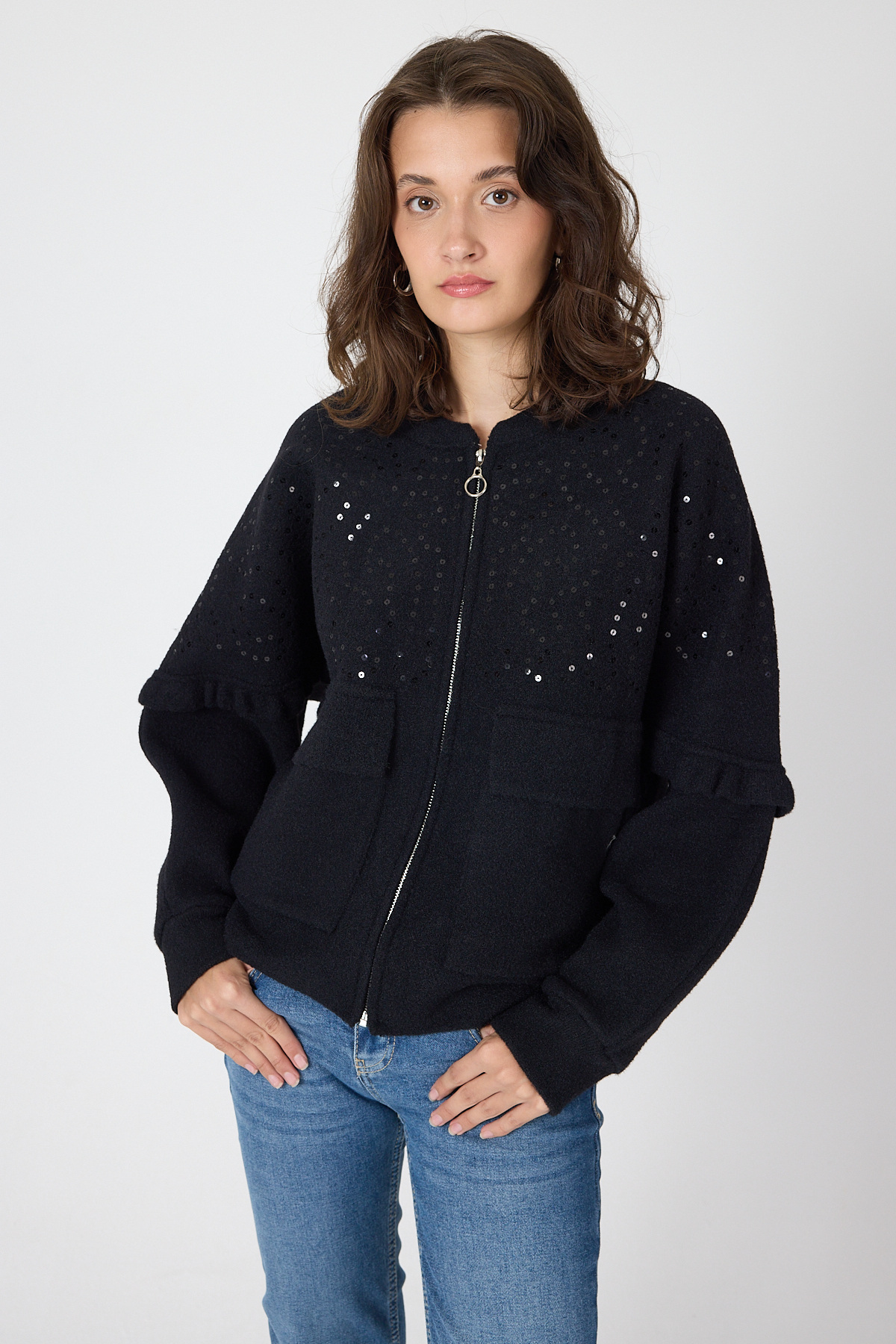 Siyah Pul İşlemeli Cepli Fermuarlı Kadın Hırka 6890 - 6