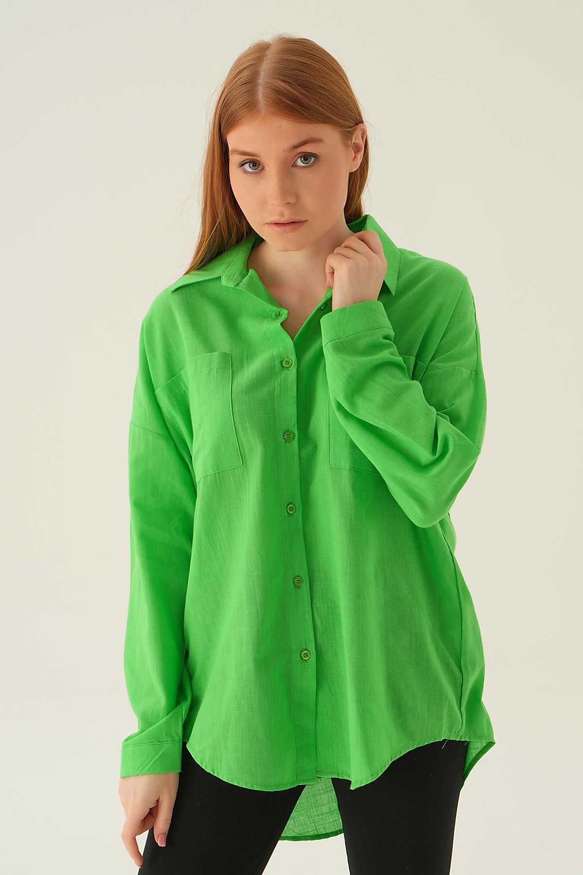 Fıstık Yeşili Çift Cep Gömlek 6891A - 4