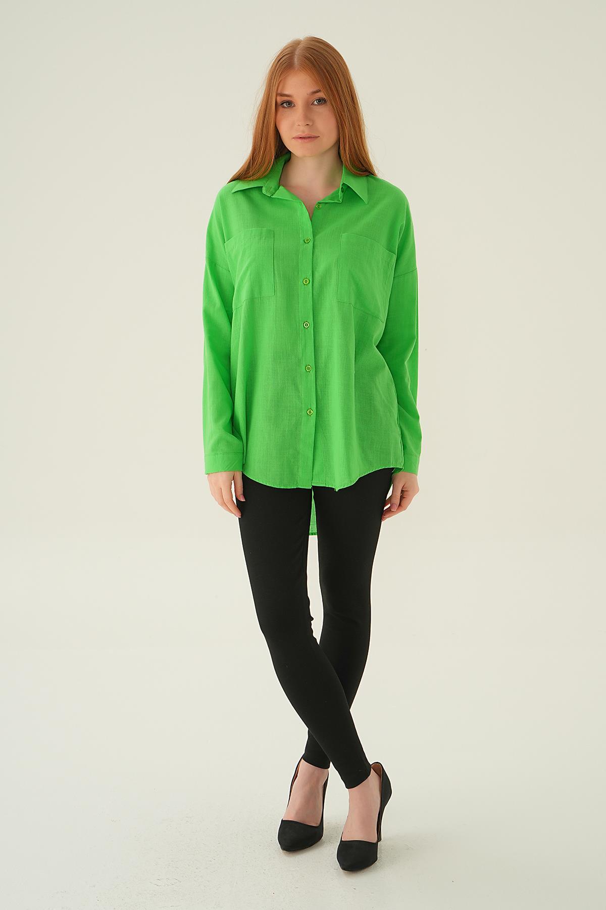 Fıstık Yeşili Çift Cep Gömlek 6891A - 6