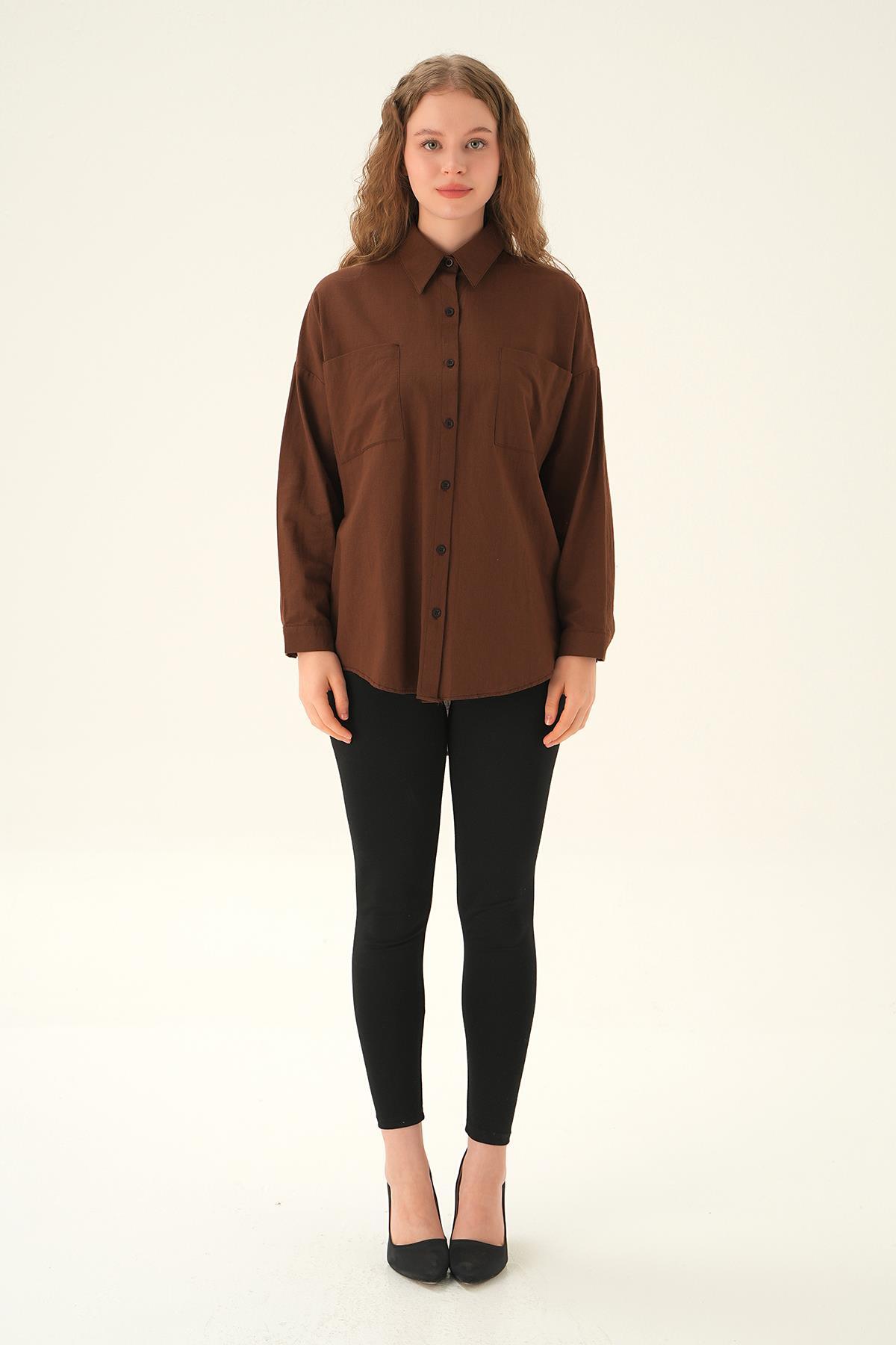 Kahve Çift Cep Gömlek 6891A - 6