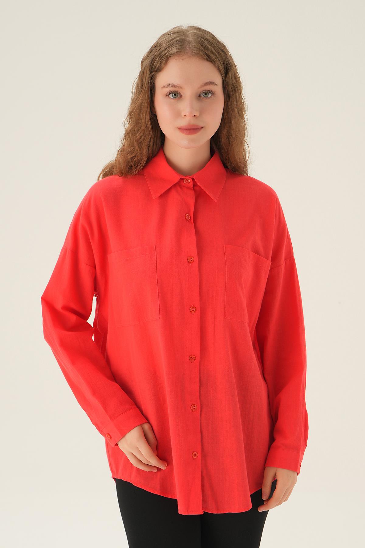 6891A Çift Cep Gömlek Mercan 