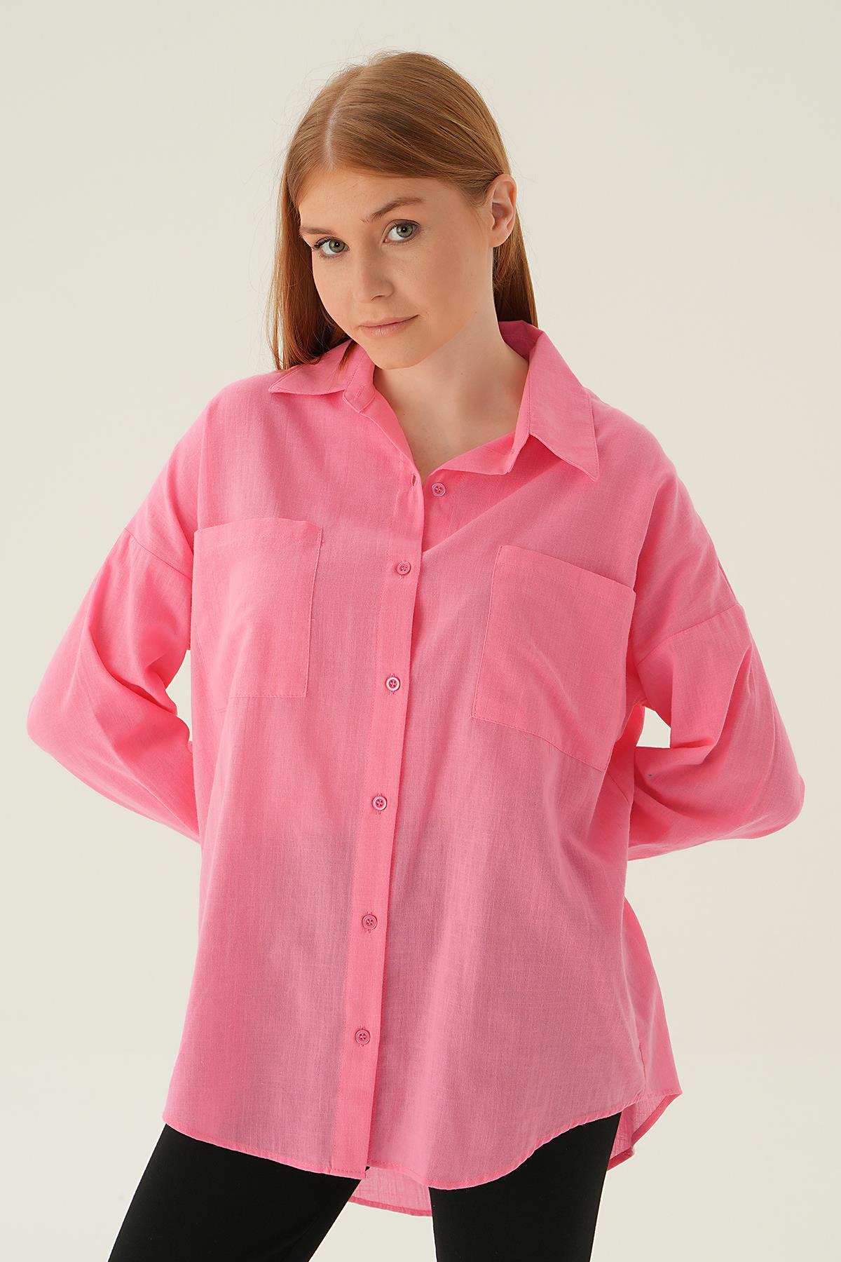Şeker Pembe Çift Cep Gömlek 6891A - 1