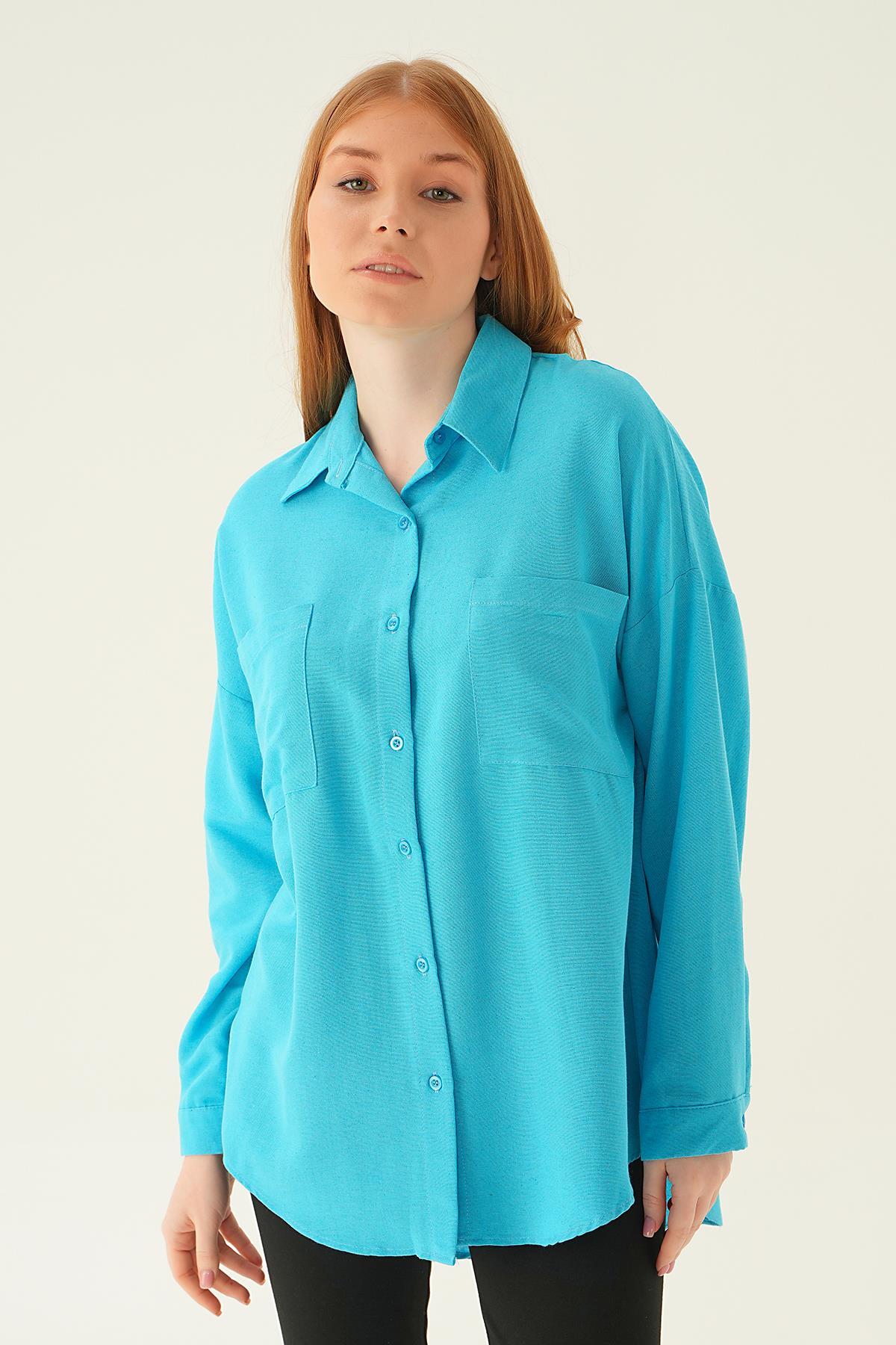 6891A Çift Cep Gömlek Turkuaz - 4