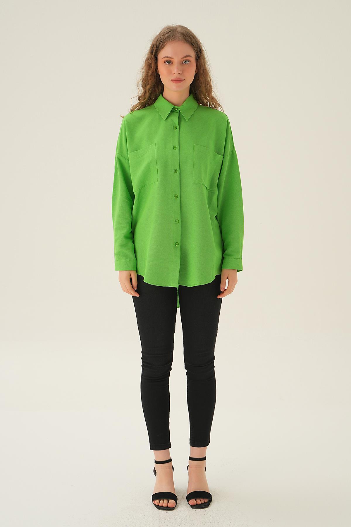 Yağ Yeşili Çift Cep Gömlek 6891A - 5