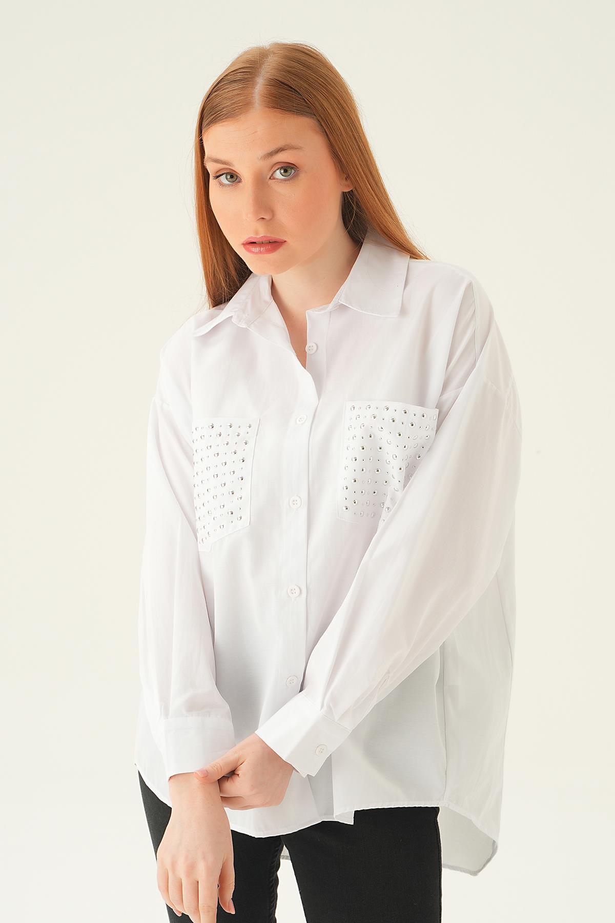 6892A Cebi Taşlı Gömlek Beyaz - 1
