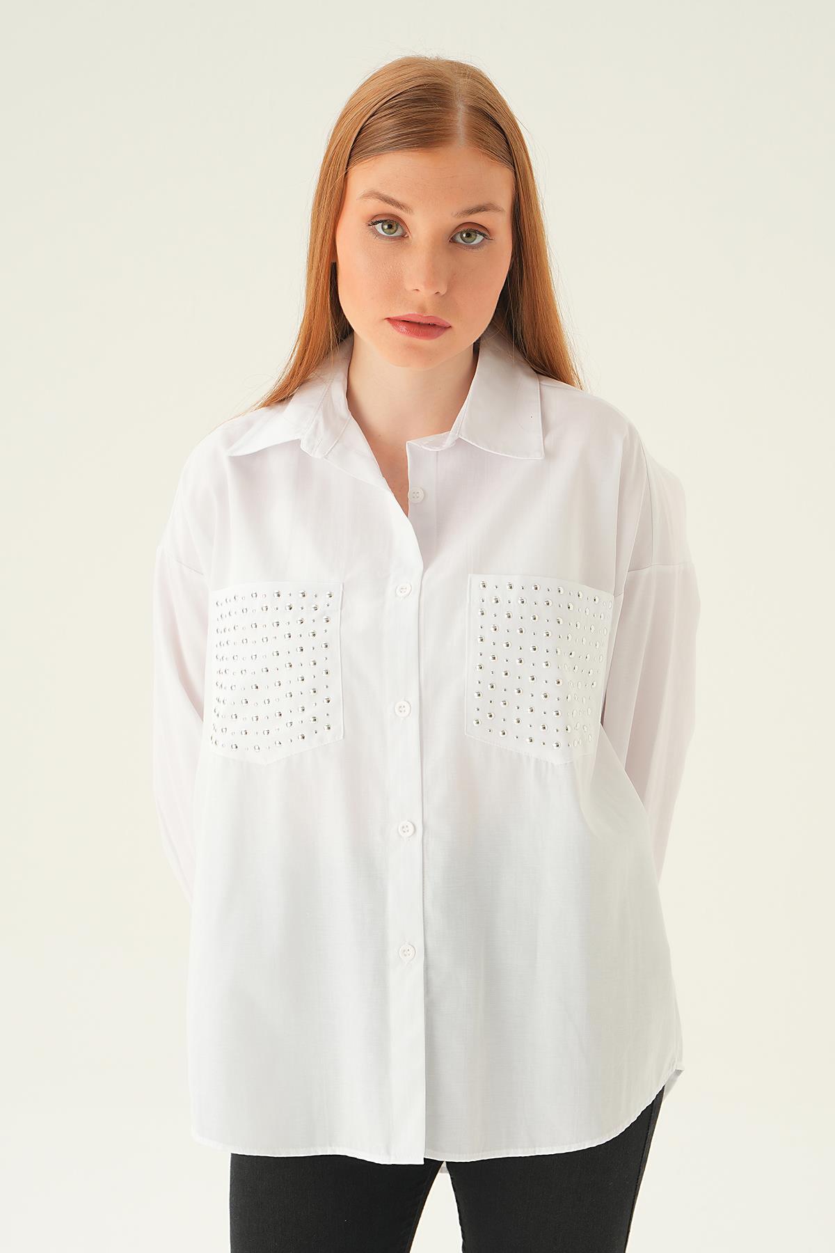 6892A Cebi Taşlı Gömlek Beyaz - 3