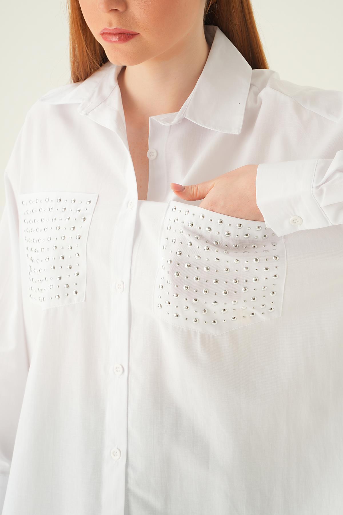 Beyaz Cebi Taşlı Gömlek 6892A - 2