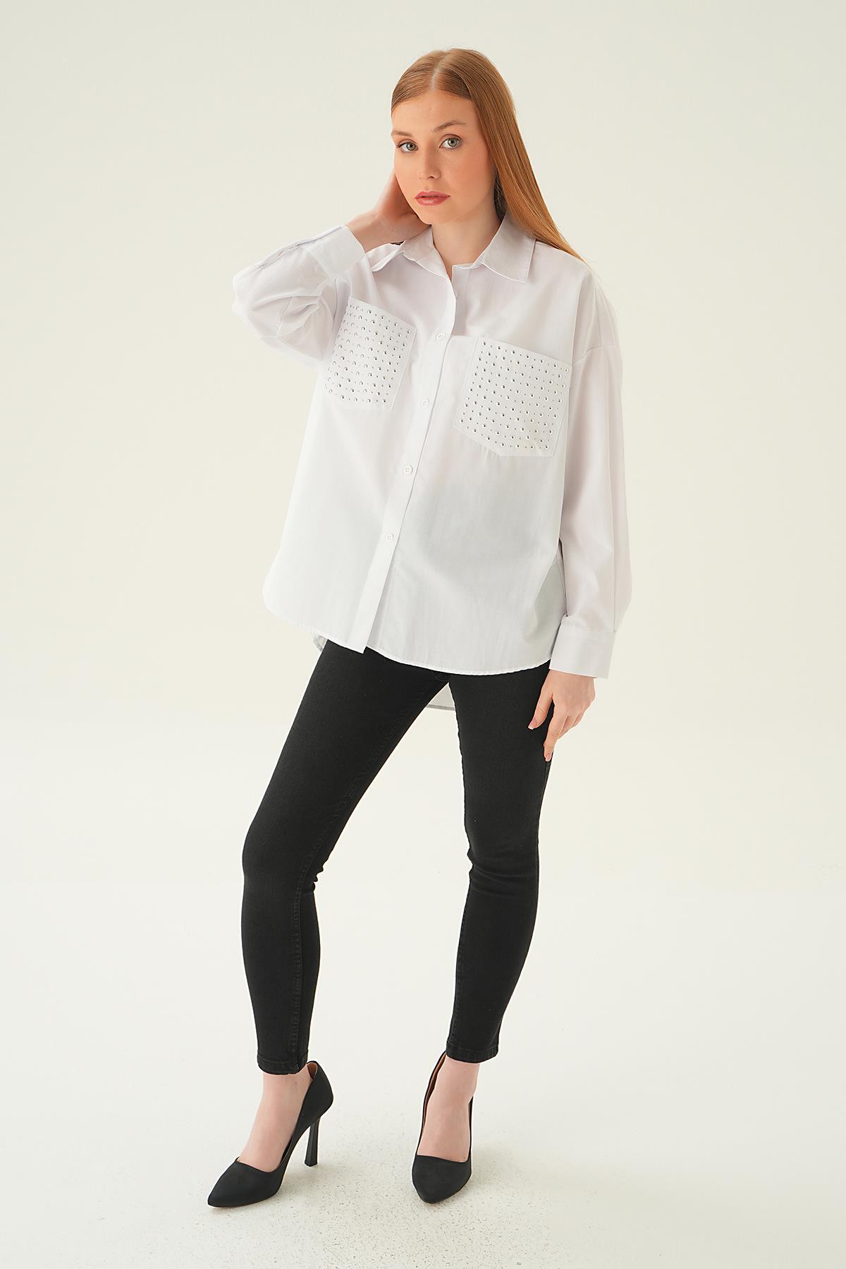 Beyaz Cebi Taşlı Gömlek 6892A - 6