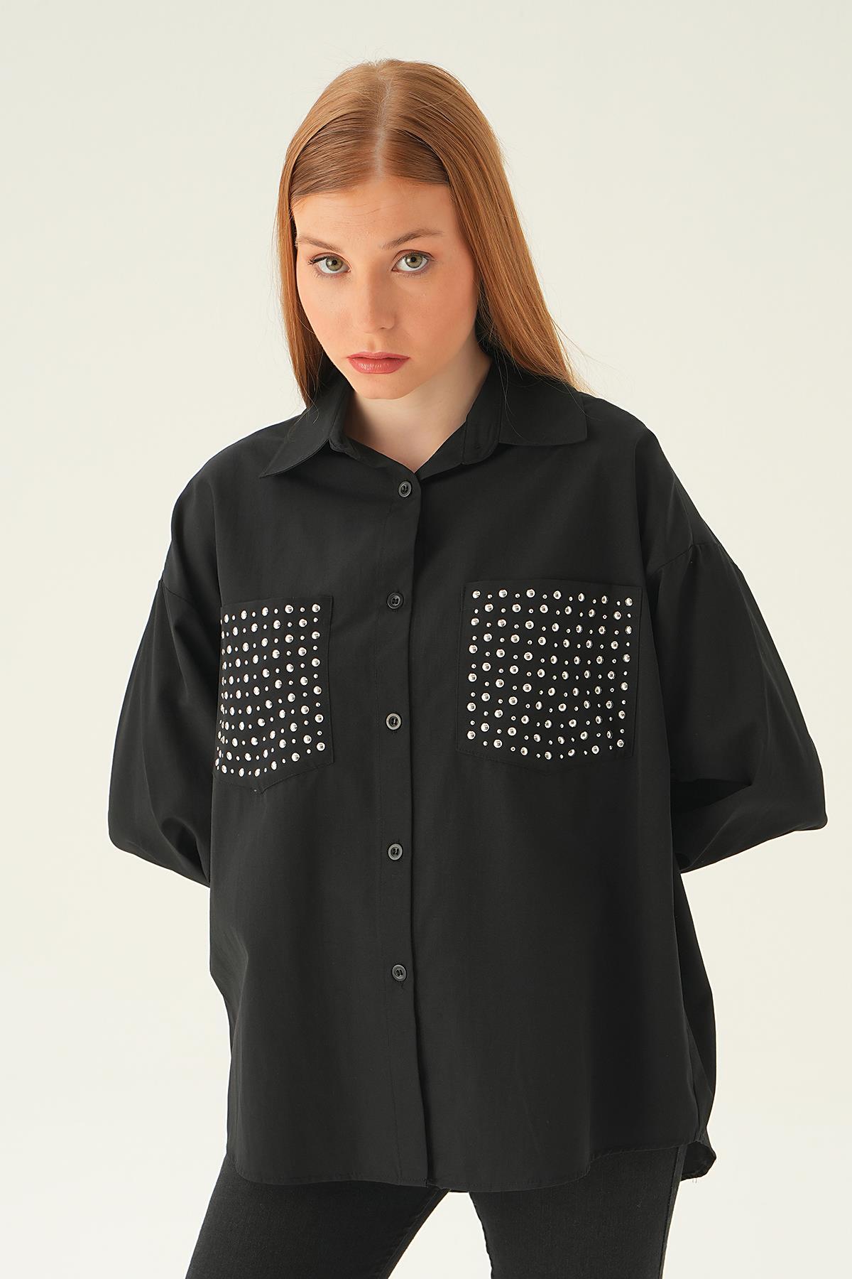 Siyah Cebi Taşlı Gömlek 6892A - 4