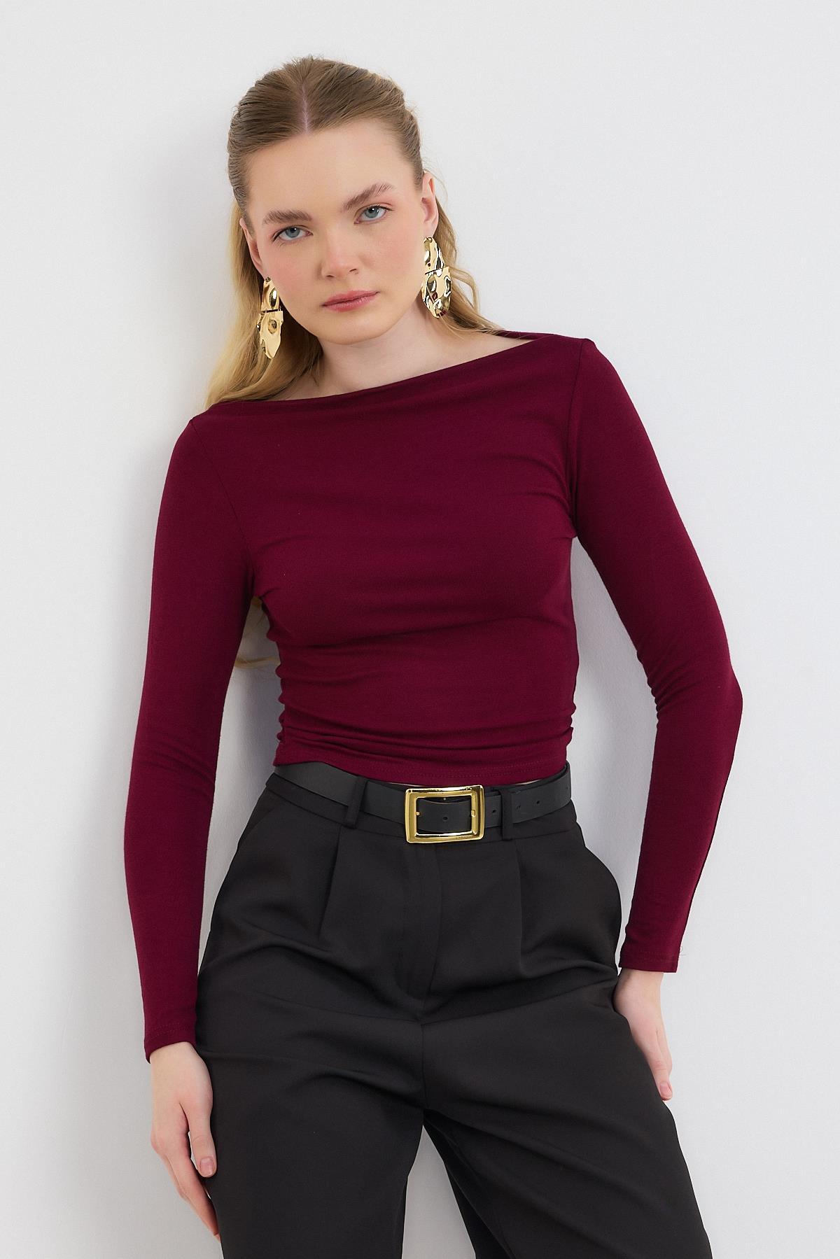 Bordo Yanları Büzgülü Oysho Bluz 6893 