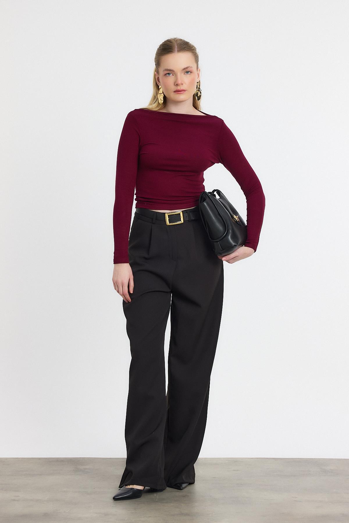 Bordo Yanları Büzgülü Oysho Bluz 6893 - 2