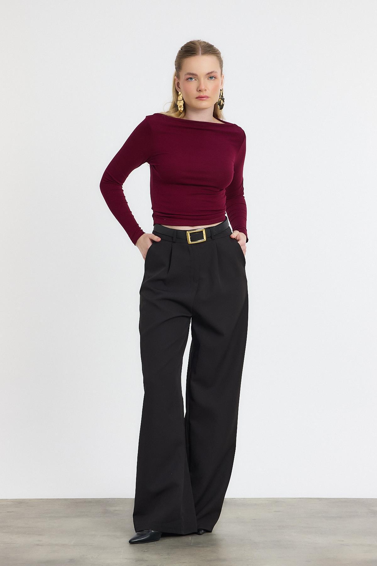 Bordo Yanları Büzgülü Oysho Bluz 6893 - 3