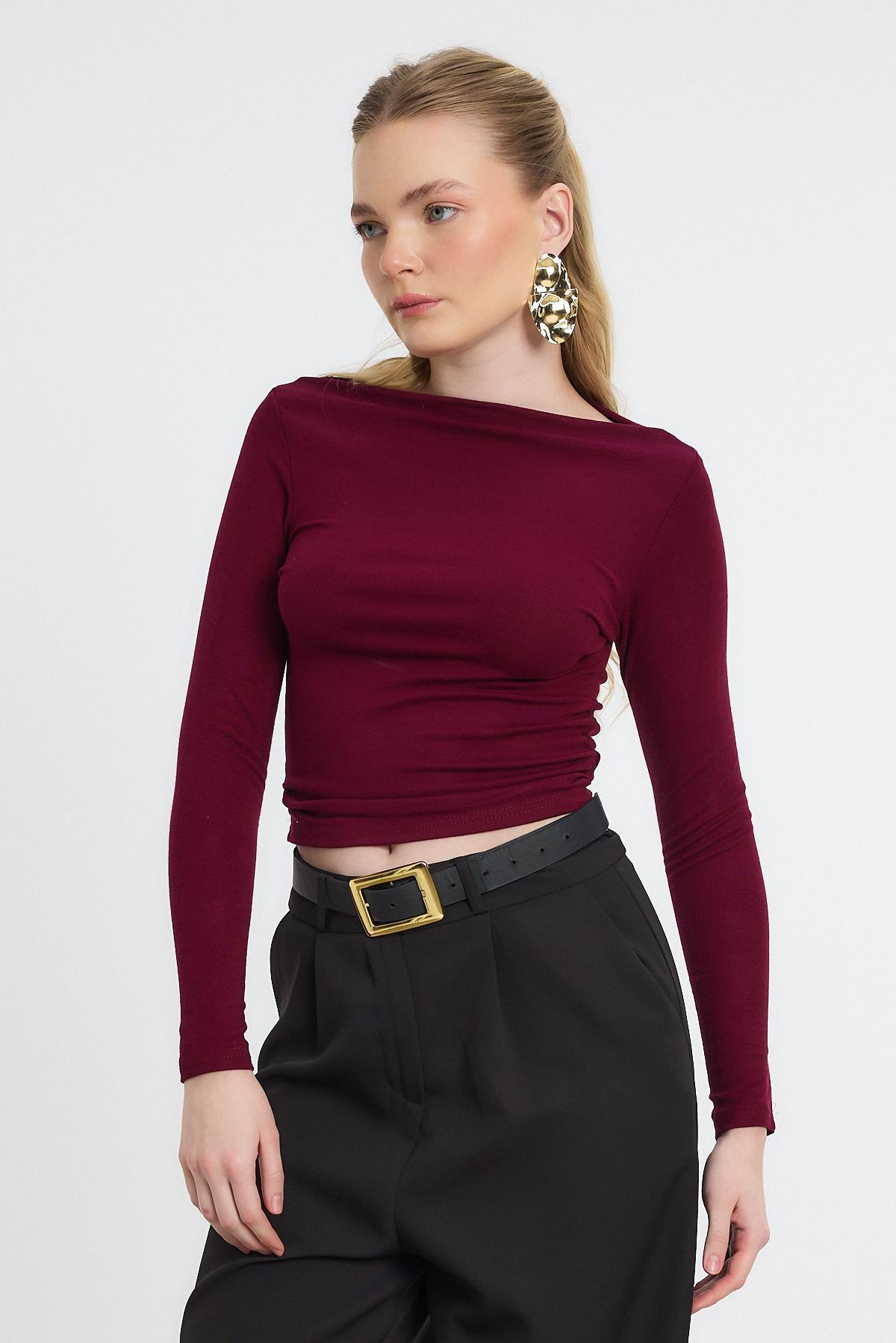 Bordo Yanları Büzgülü Oysho Bluz 6893 - 4