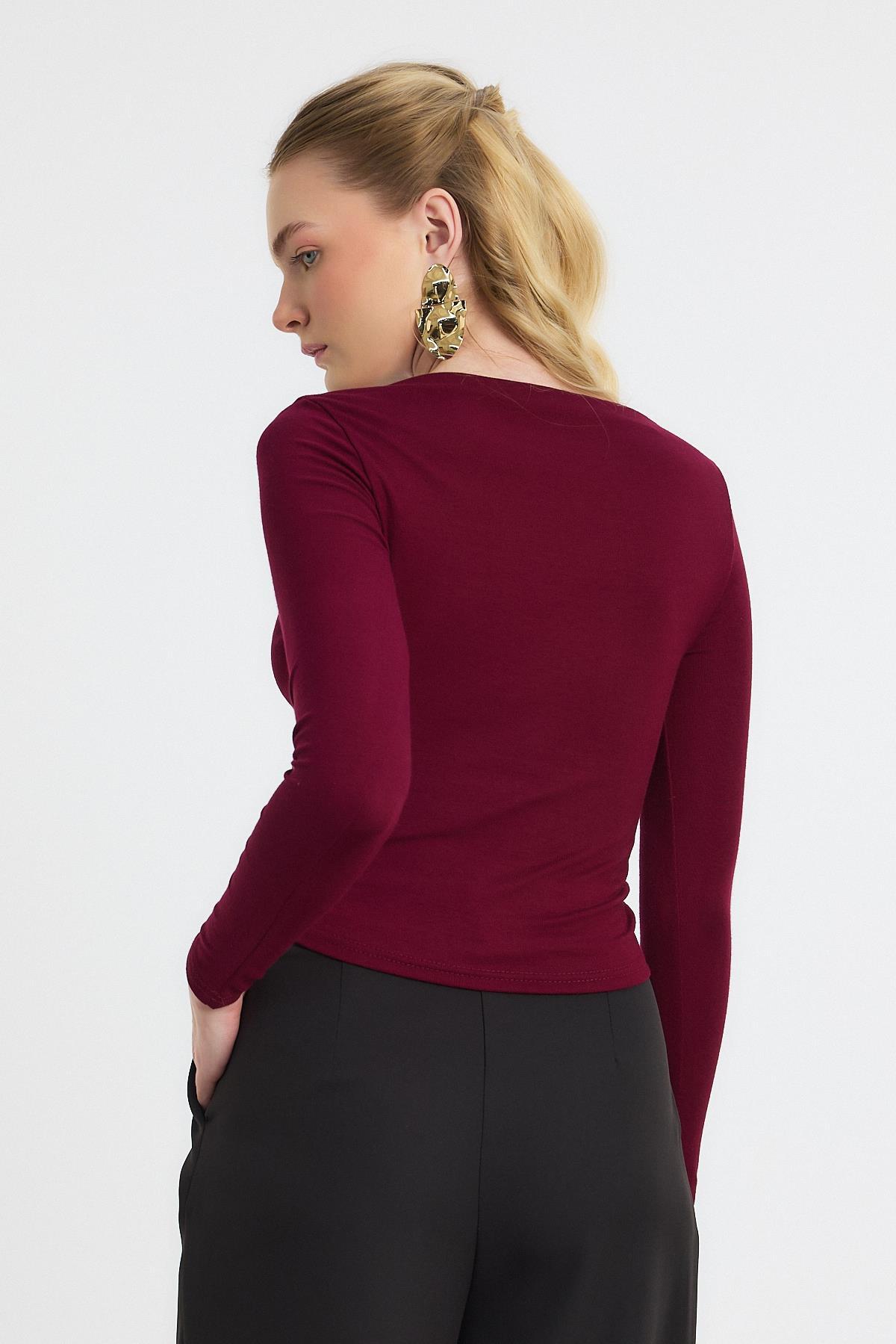 Bordo Yanları Büzgülü Oysho Bluz 6893 - 6