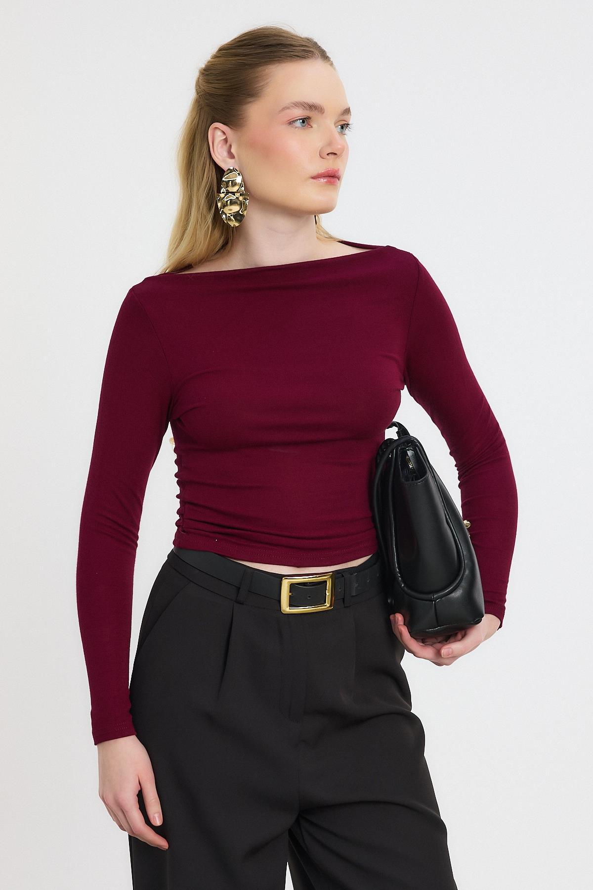 Bordo Yanları Büzgülü Oysho Bluz 6893 - 8