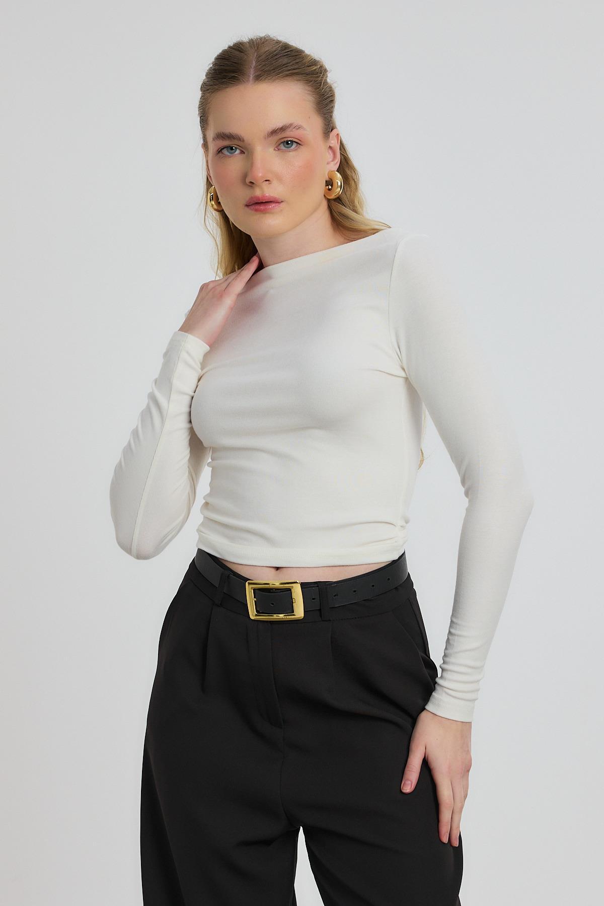 Ekru Yanları Büzgülü Bluz 6893 