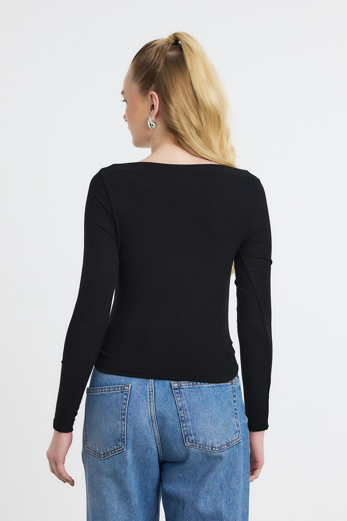 Yanları Büzgülü Oysho Bluz 6893 Siyah - 5