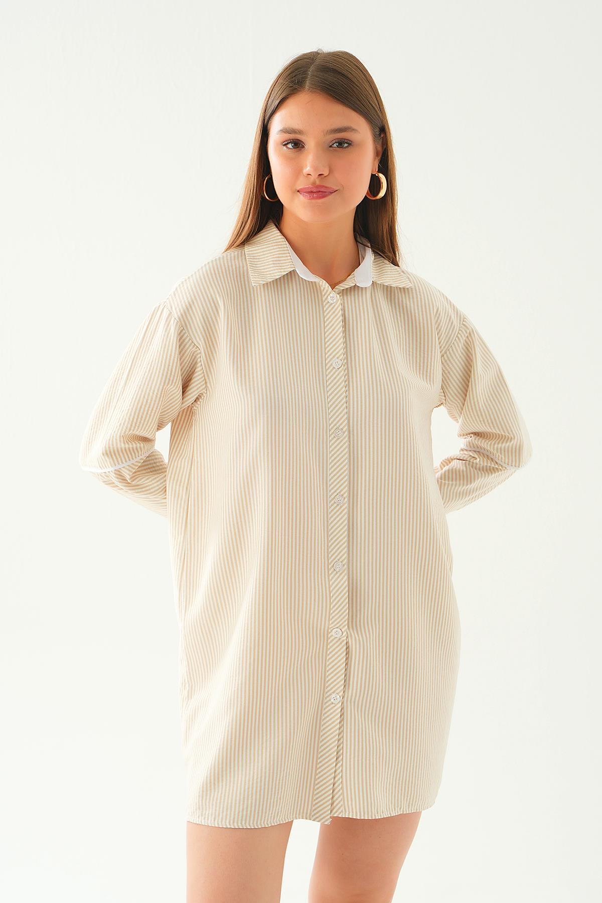 6895A Kol Biyeli Uzun Gömlek Bej - 2