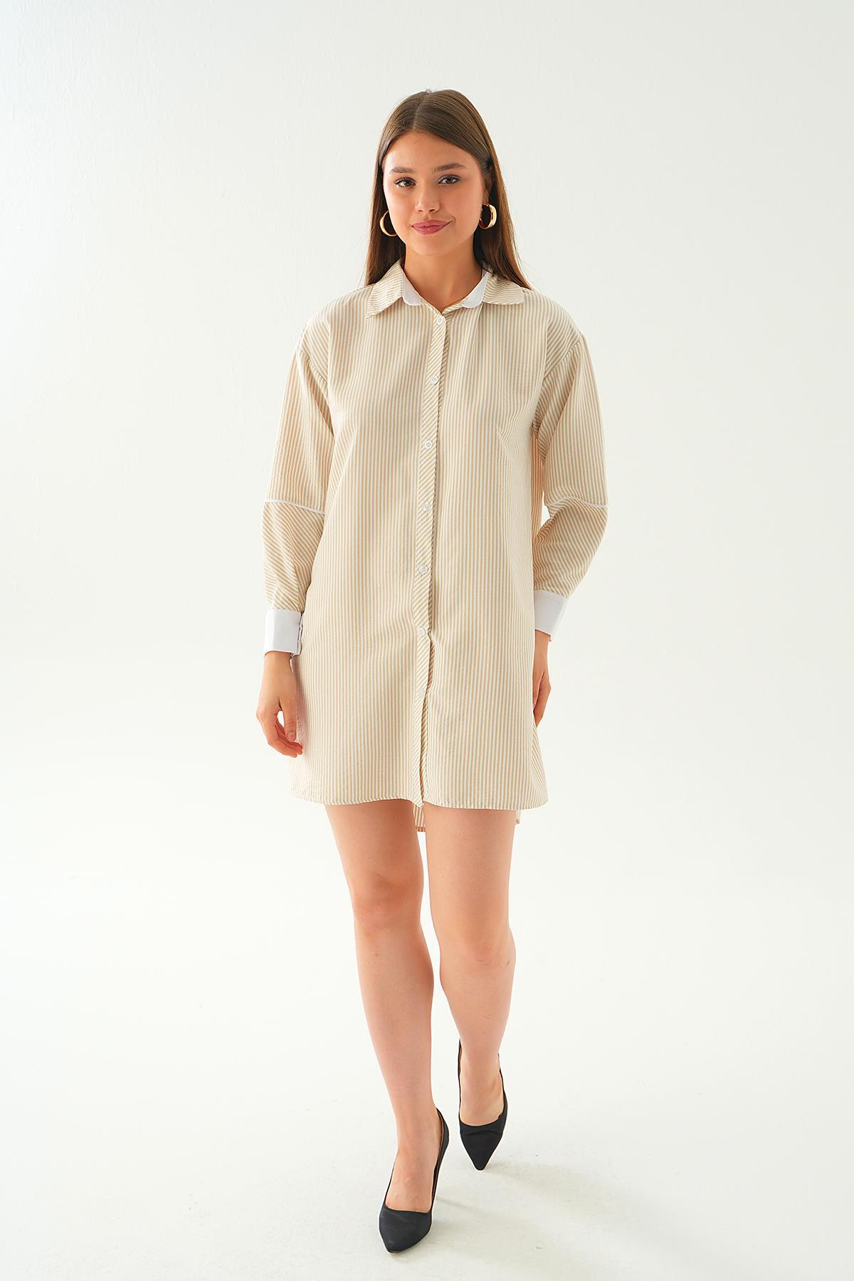 6895A Kol Biyeli Uzun Gömlek Bej - 1