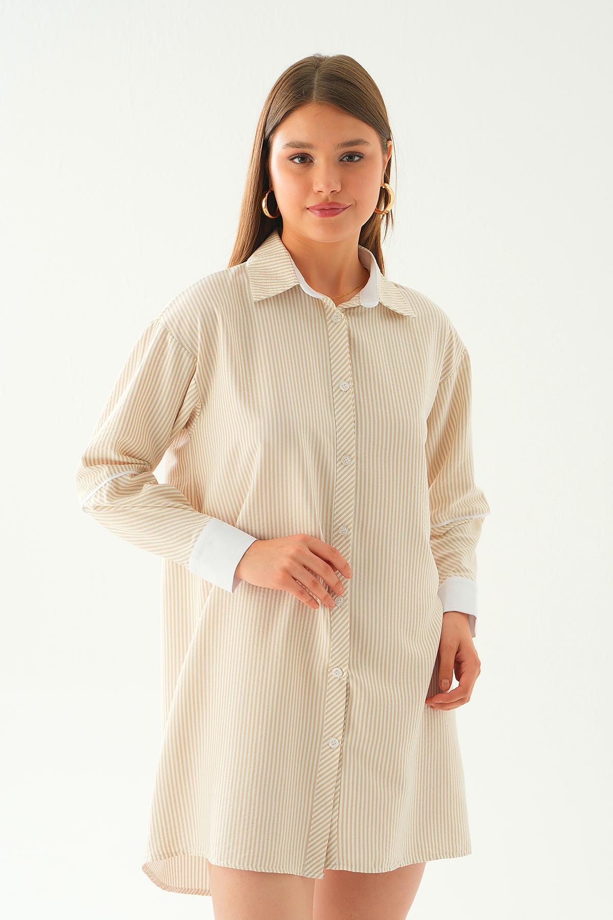 6895A Kol Biyeli Uzun Gömlek Bej - 5