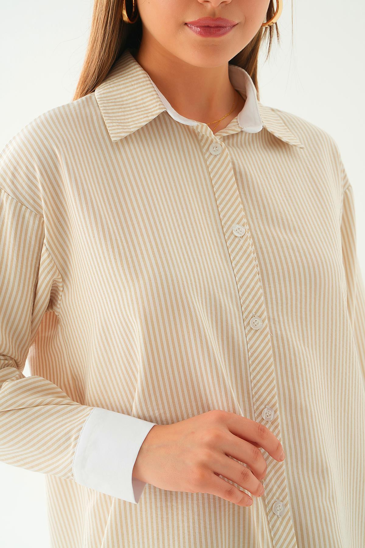 6895A Kol Biyeli Uzun Gömlek Bej - 6