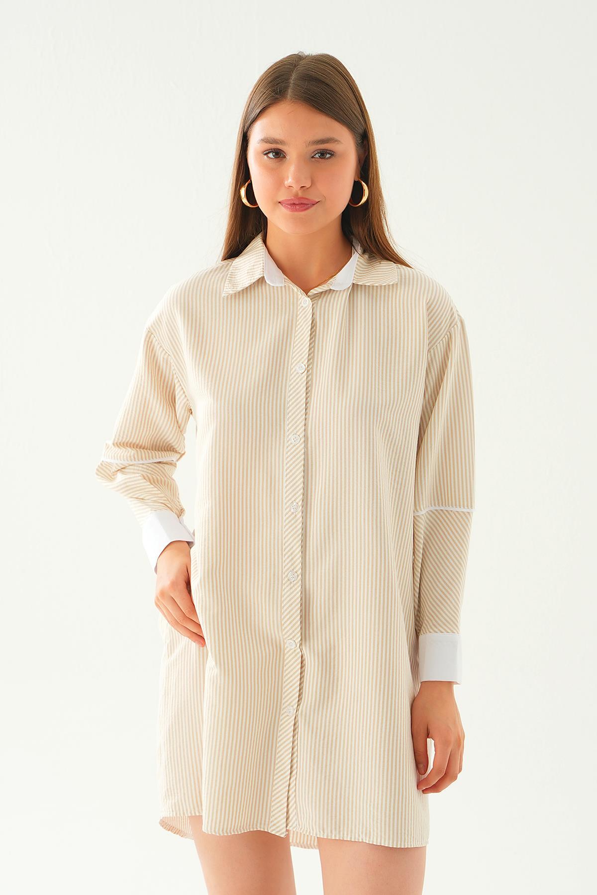 Bej Kol Biyeli Uzun Gömlek 6895A - 3