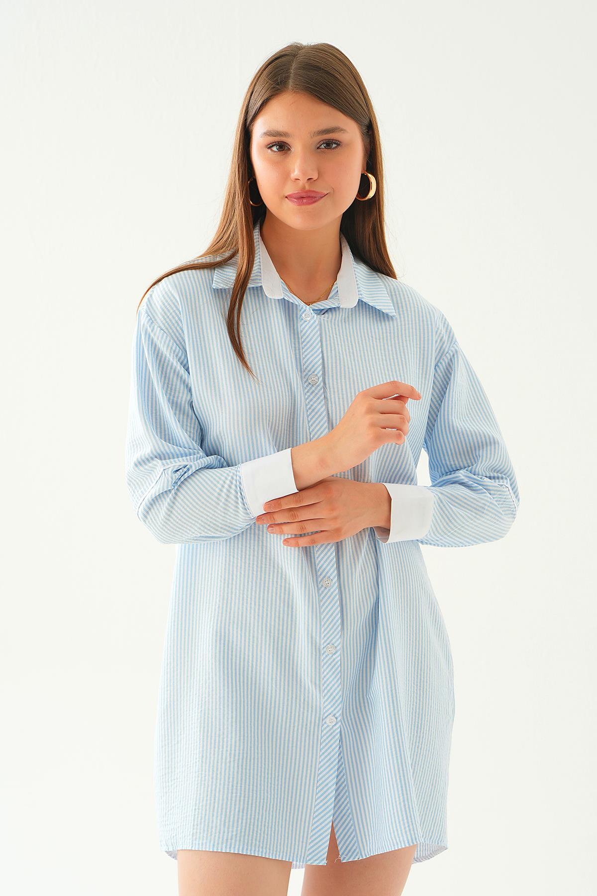 Mavi Kol Biyeli Uzun Gömlek 6895A 