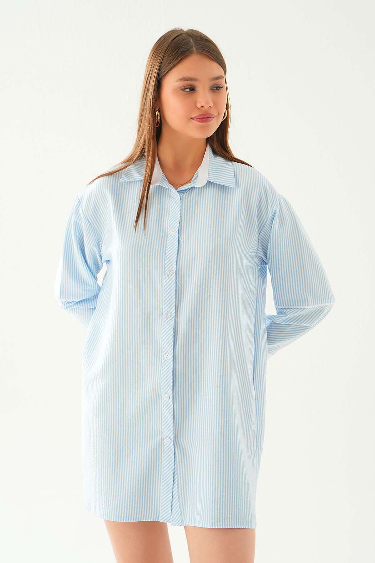 Mavi Kol Biyeli Uzun Gömlek 6895A - 2