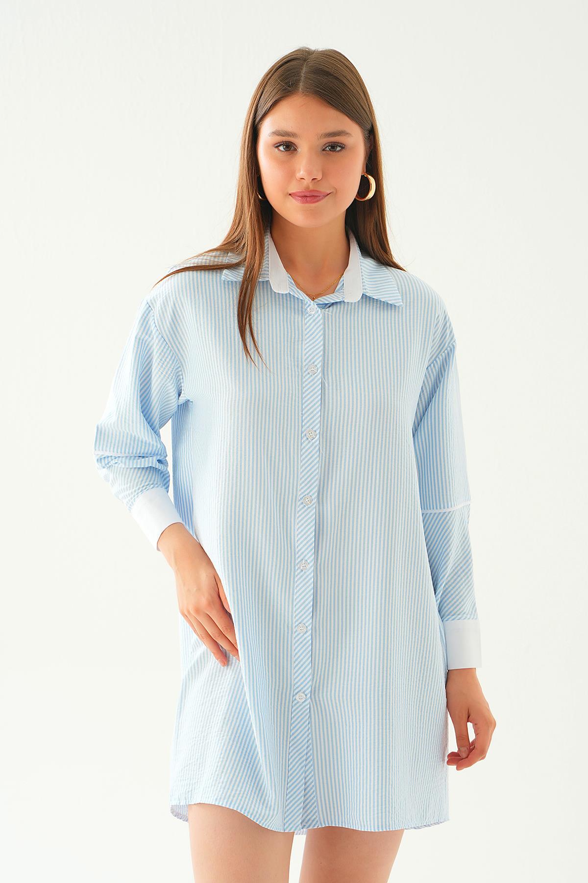 Mavi Kol Biyeli Uzun Gömlek 6895A - 3