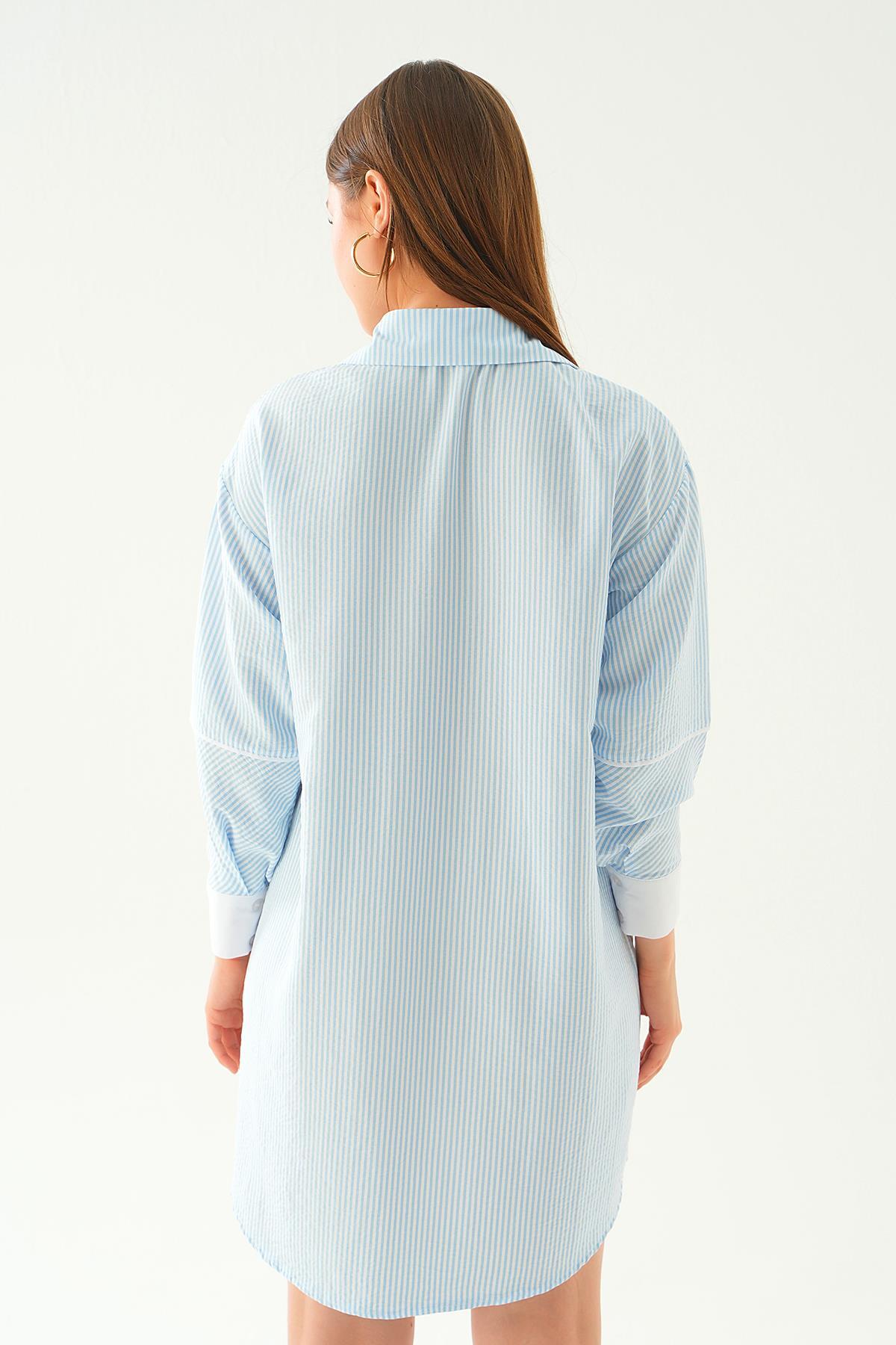 Mavi Kol Biyeli Uzun Gömlek 6895A - 4