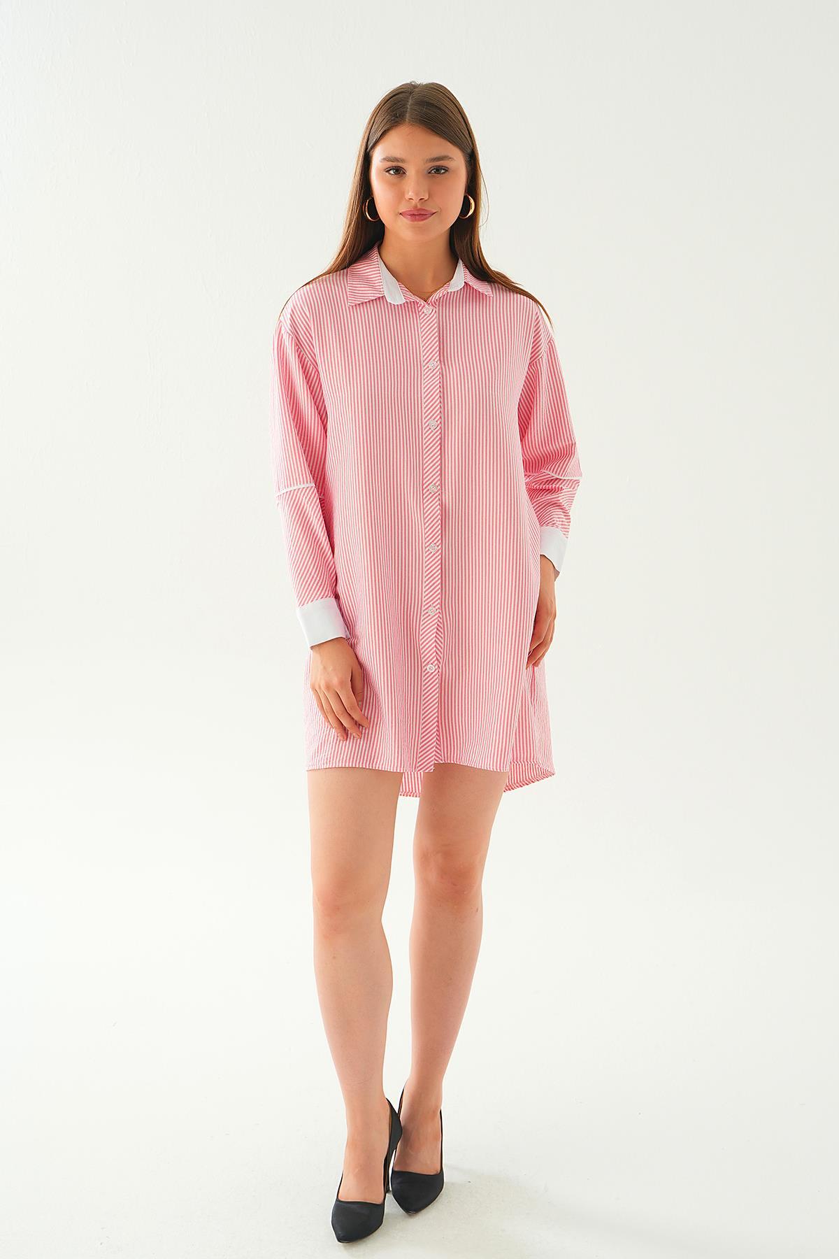 6895A Kol Biyeli Uzun Gömlek Pembe 