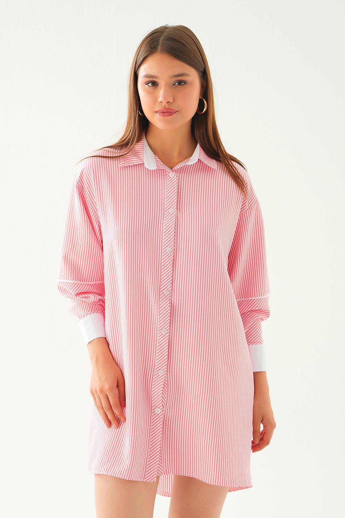 6895A Kol Biyeli Uzun Gömlek Pembe - 3