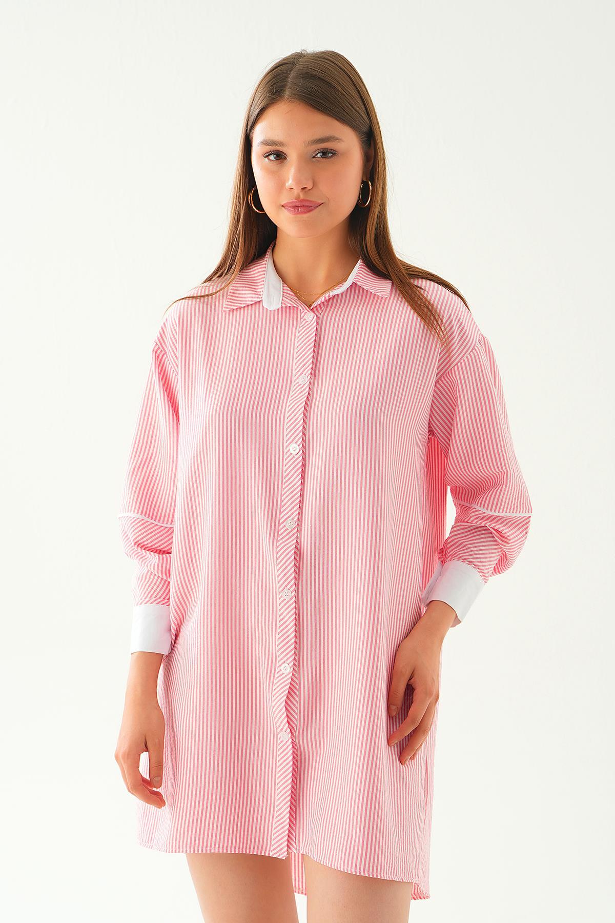 Pembe Kol Biyeli Uzun Gömlek 6895A - 4