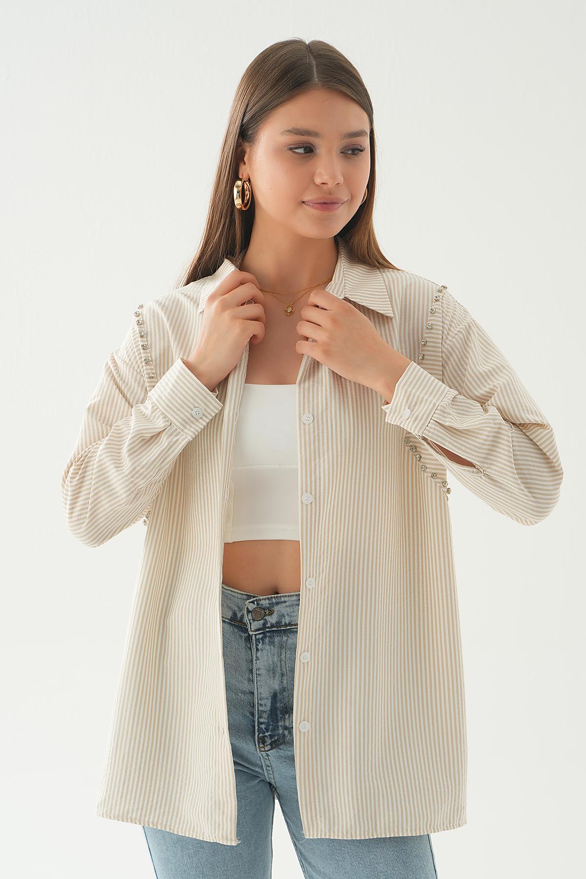 6896A Taş Detay Çizgili Gömlek Bej - 3
