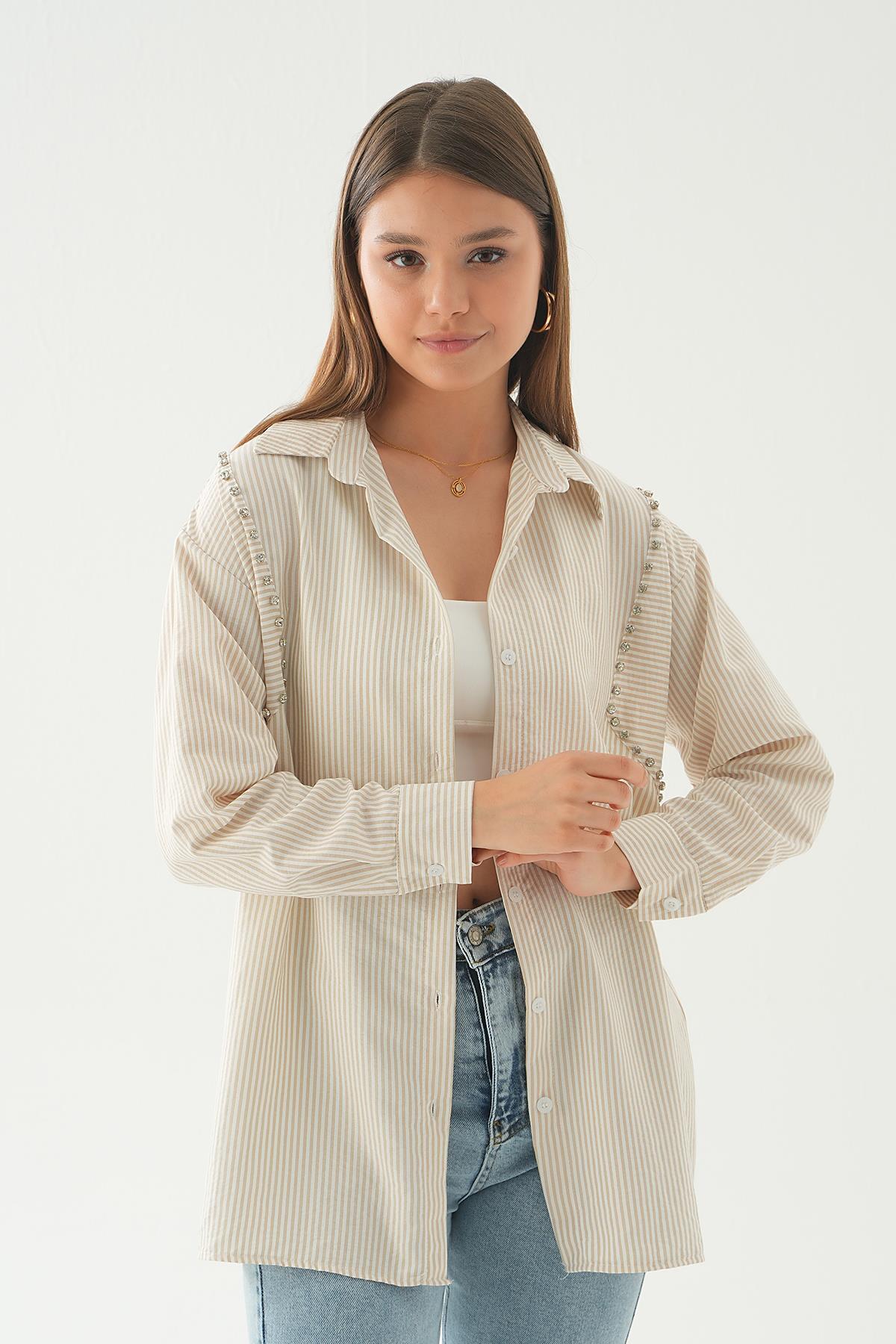 6896A Taş Detay Çizgili Gömlek Bej - 4
