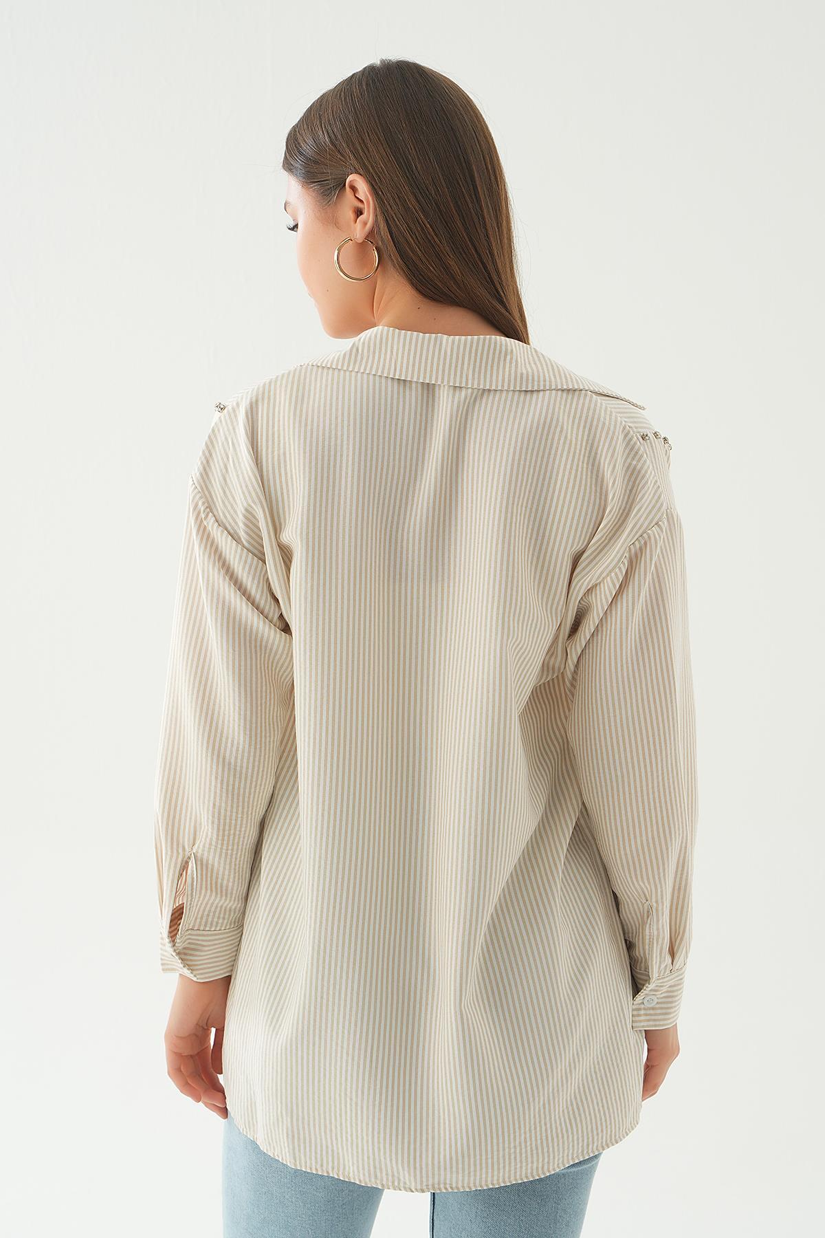 6896A Taş Detay Çizgili Gömlek Bej - 5