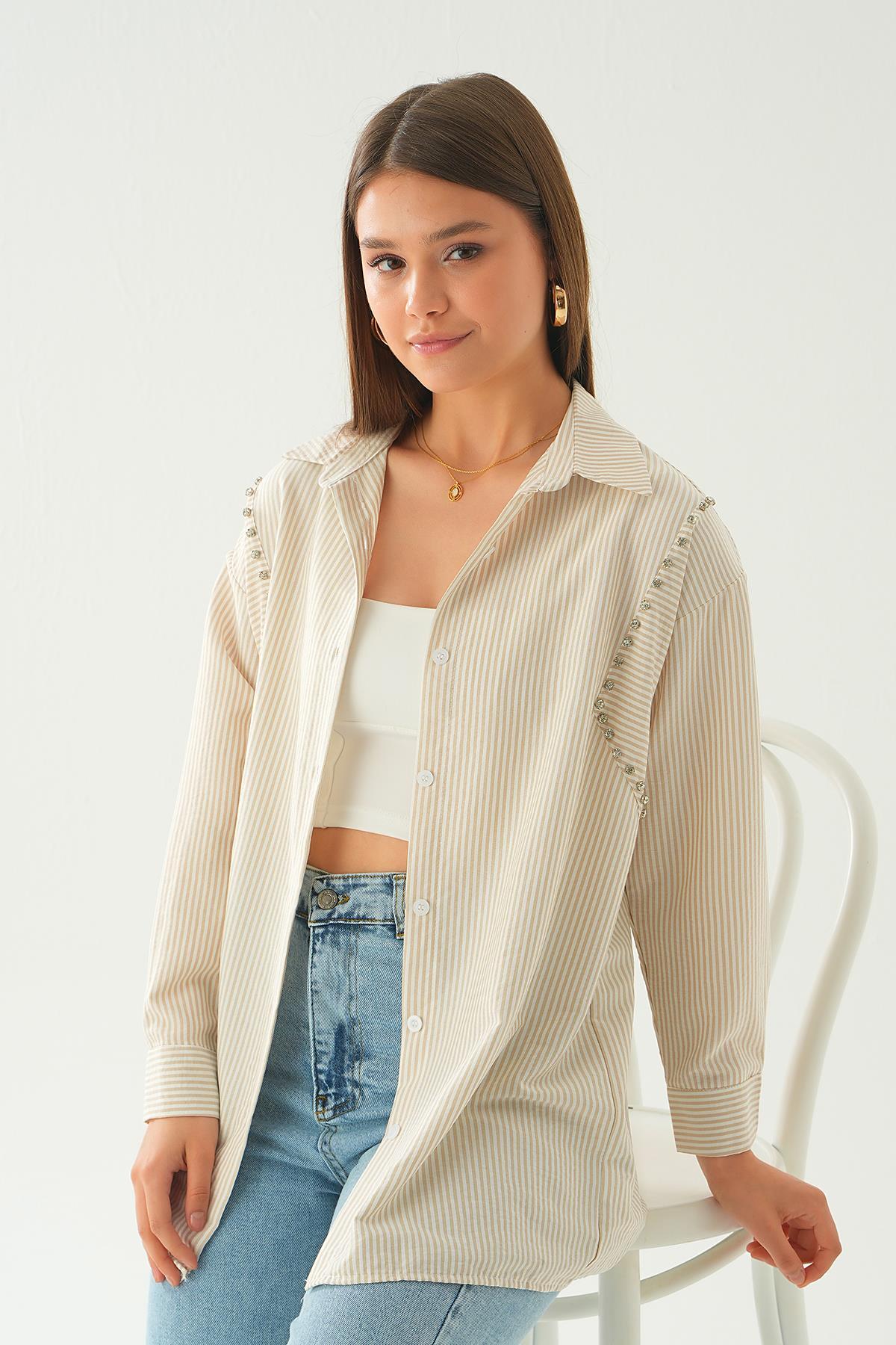 Bej Taş Detay Çizgili Gömlek 6896A 