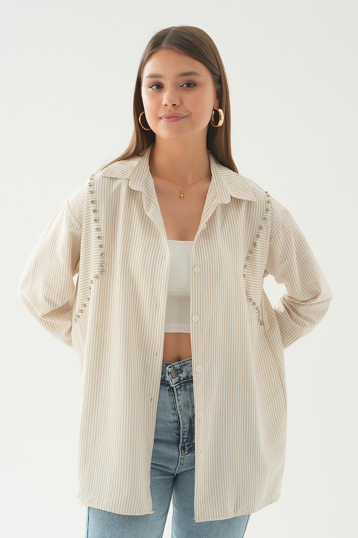 Bej Taş Detay Çizgili Gömlek 6896A - 2