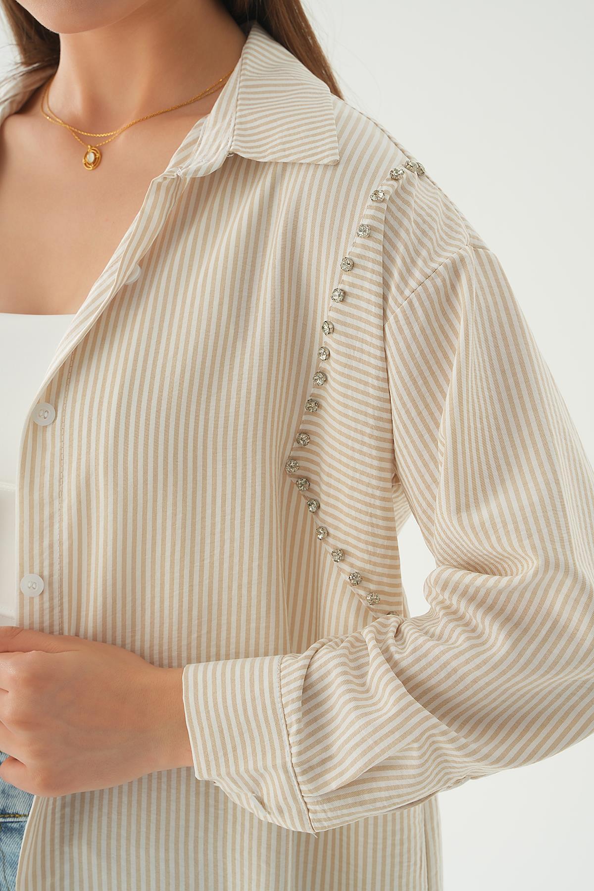 Bej Taş Detay Çizgili Gömlek 6896A - 6