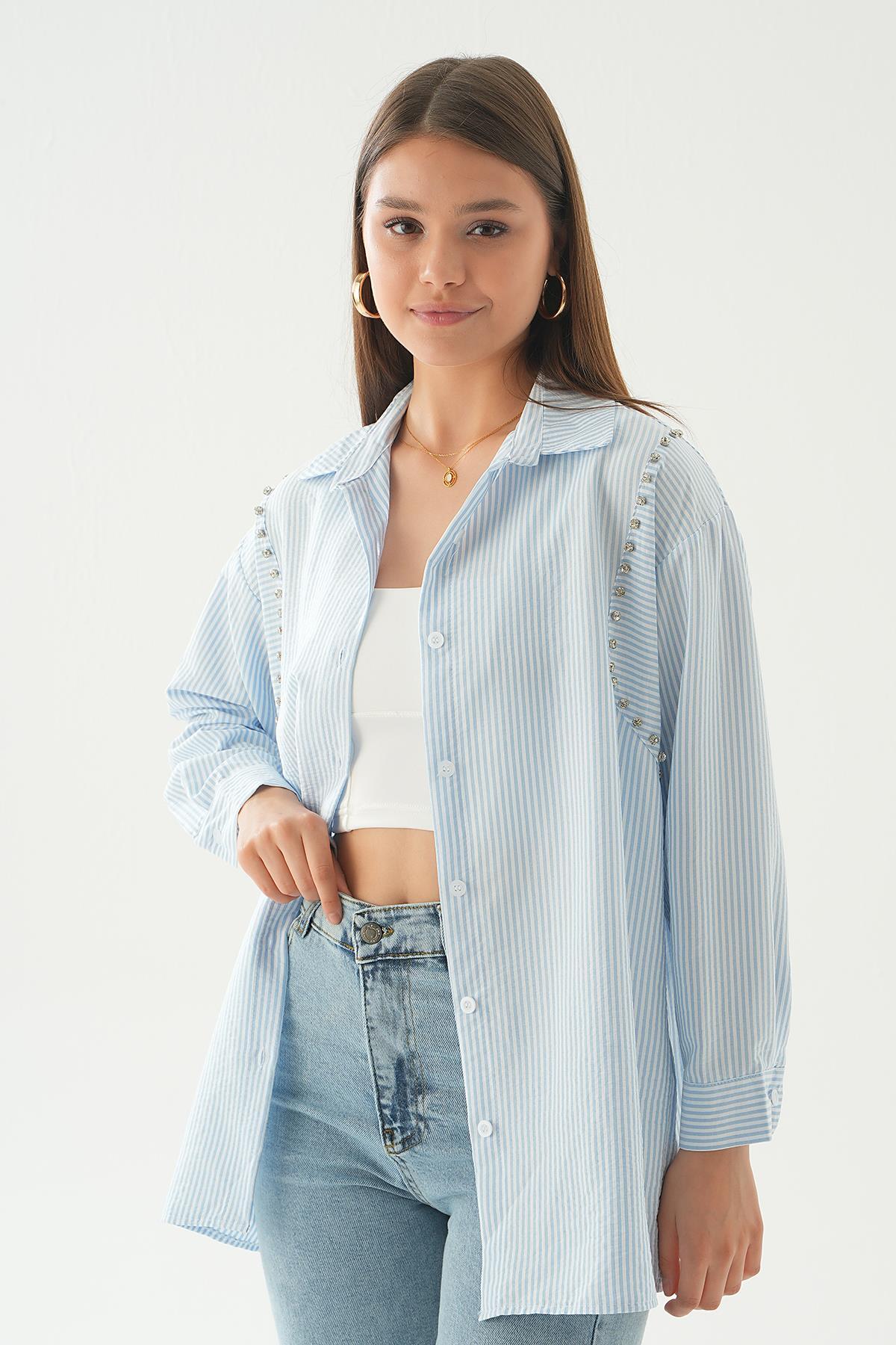 6896A Taş Detay Çizgili Gömlek Mavi - 3
