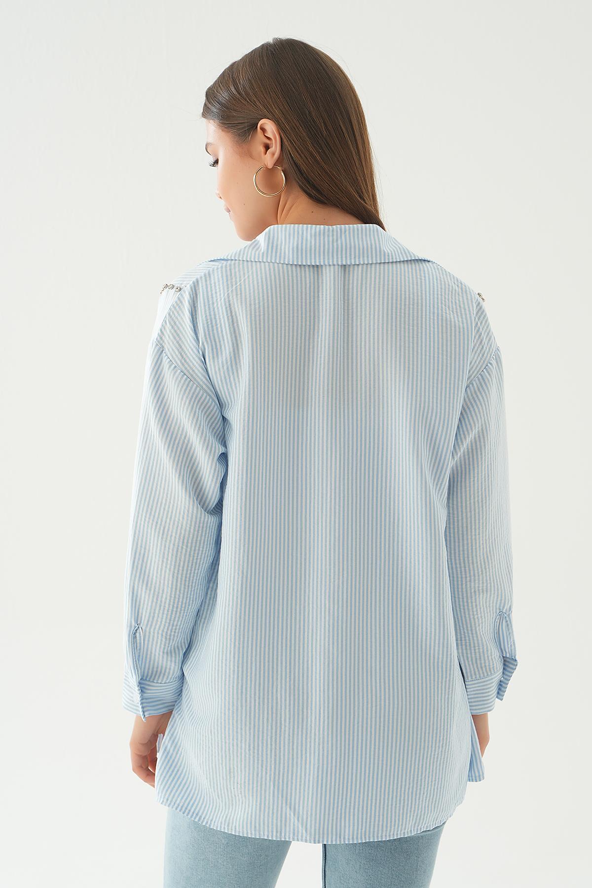 6896A Taş Detay Çizgili Gömlek Mavi - 5