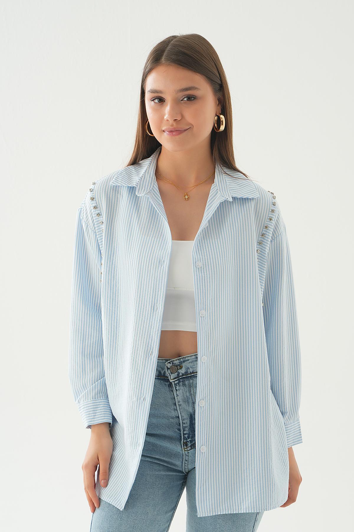 Mavi Taş Detay Çizgili Gömlek 6896A - 2