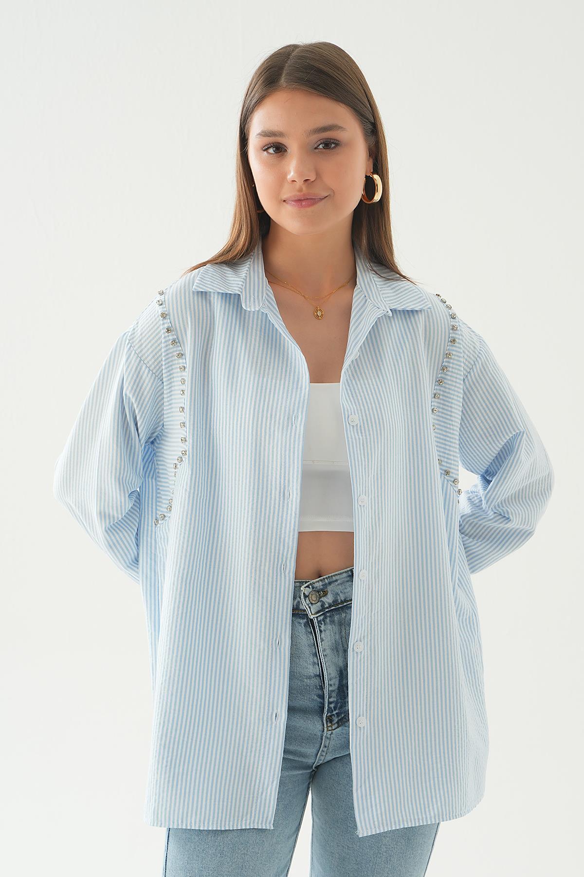 Mavi Taş Detay Çizgili Gömlek 6896A - 4