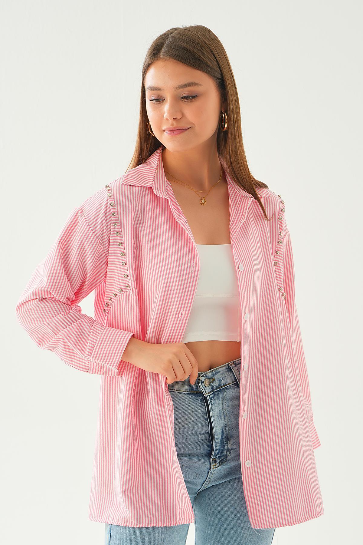 6896A Taş Detay Çizgili Gömlek Pembe - 2