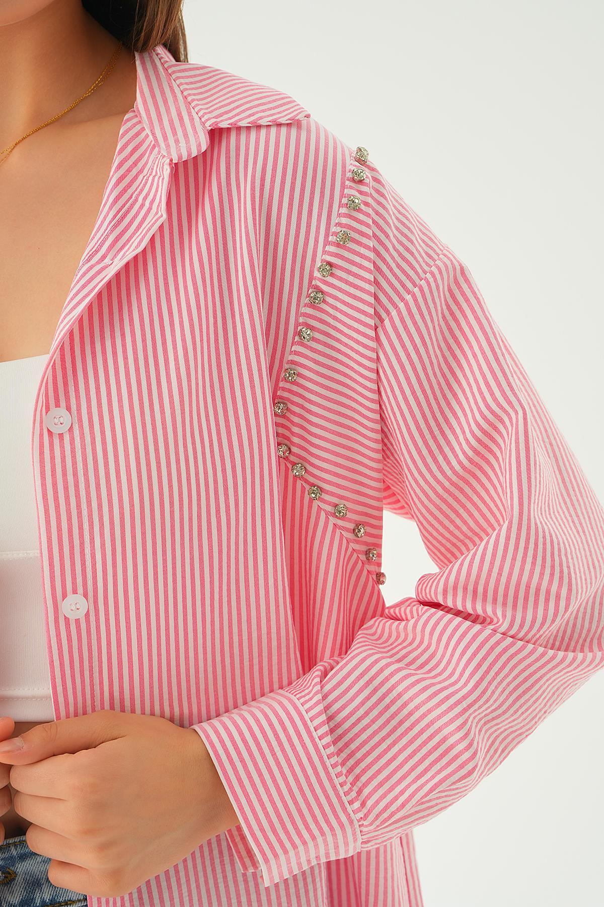 6896A Taş Detay Çizgili Gömlek Pembe - 6