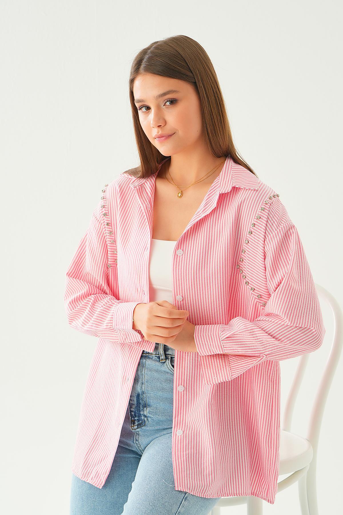 Pembe Taş Detay Çizgili Gömlek 6896A - 1
