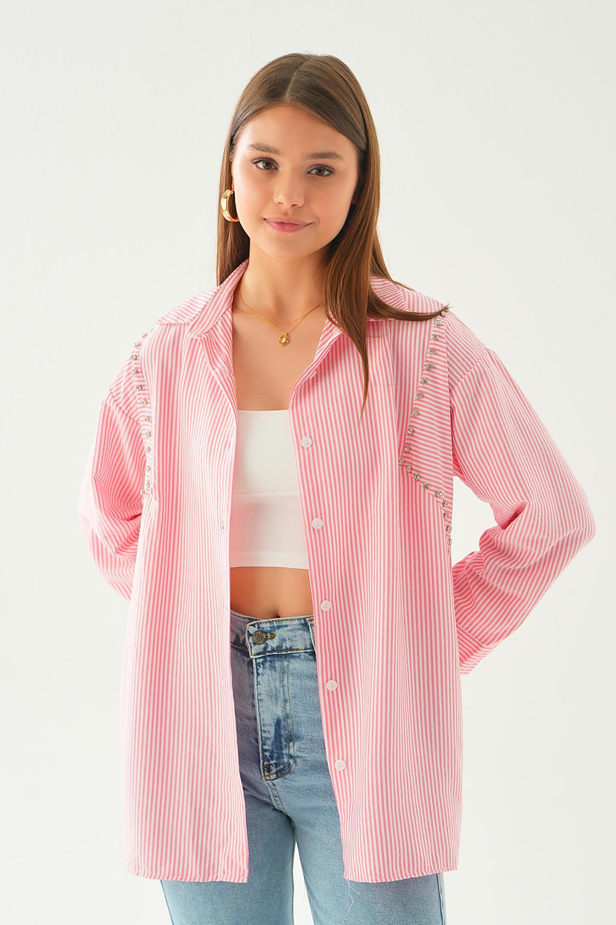 Pembe Taş Detay Çizgili Gömlek 6896A - 3