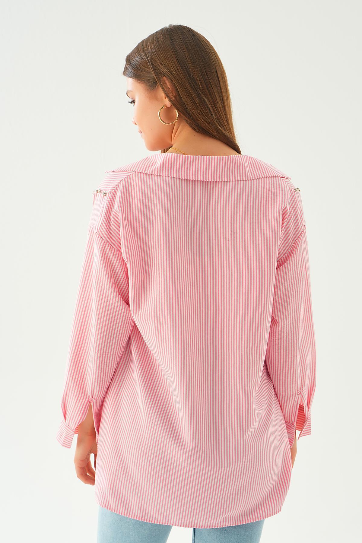 Pembe Taş Detay Çizgili Gömlek 6896A - 5